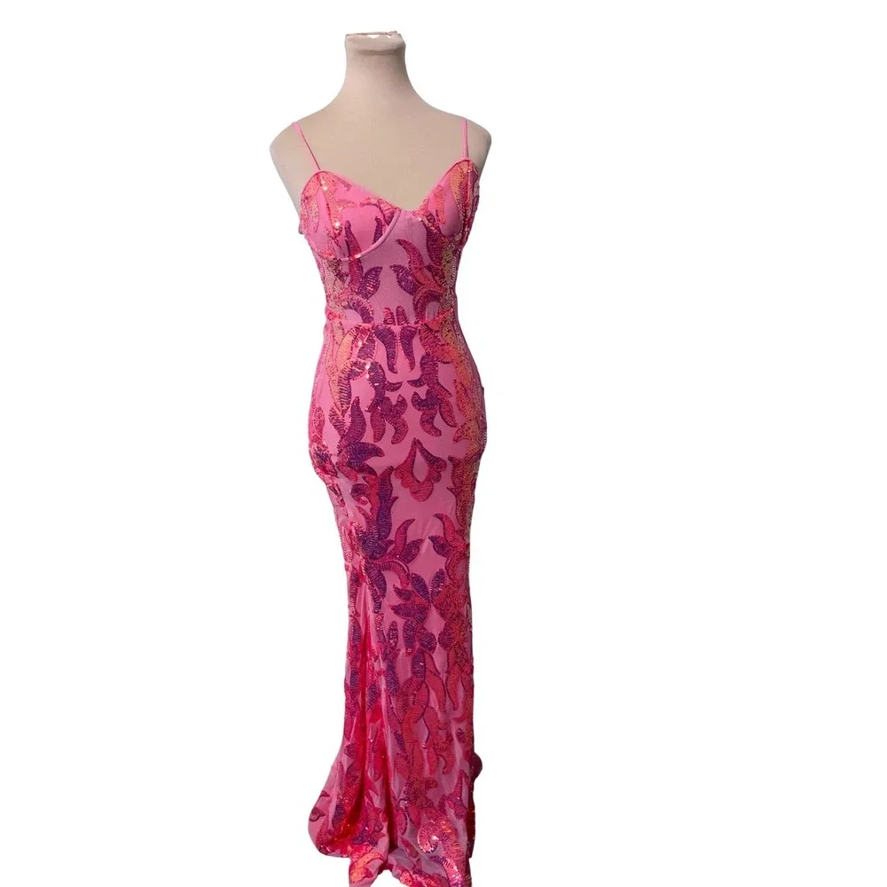 Lulus Women Pink Sequin Mermaid Maxi Dress XS‎ Formal Evening Gown Adjustable
